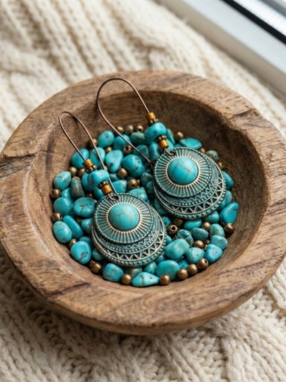 Boho Turquoise Drop Earrings Bronze Ethnic Carved Mandala Statement Dangle - Picture 10 of 12